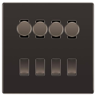 BG Screwless Black Nickel 8 Gang Switch 4x Trailing Edge LED Dimmer, 2x Intermediate, 2x 2-Way Switch by British General (BG-SCRL-BN-8G-4x-Dimmer-2x-INT-2x-2Way)