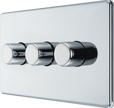 BG Electrical FPC83 Nexus Flatplate Screwless Polished Chrome 3 Gang 200W 2 Way Trailing-Edge Push Dimmer Switch