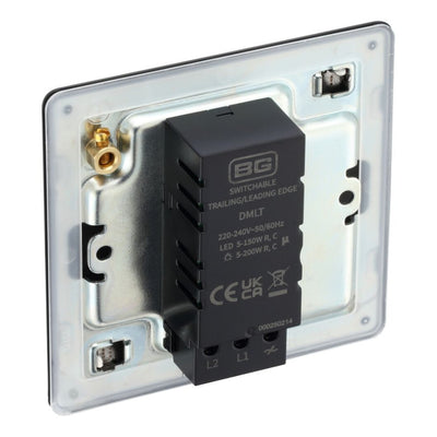 BG Screwless Matt Black 200W 2 Way Single Trailing Edge Dimmer Switch FFB81 with 25mm Steel Back Box
