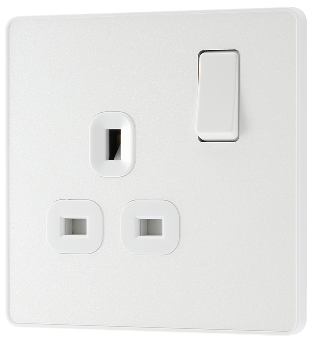 PCDCL21W Front - This Evolve pearlescent white 13A single switched socket from British General has been designed with angled in line colour coded terminals and backed out captive screws for ease of installation, and fits a 25mm back box making it an ideal retro-fit replacement for existing sockets.
