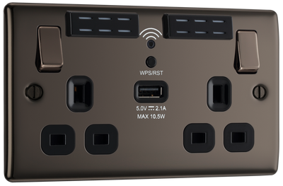 BG NBN22UWRB Nexus Metal Black Nickel 2 Gang 13A 1x USB-A 2.1A Wi-Fi Range Extender Switched Socket by British General (BG-NBN22UWRB-Shopify-SA_1)