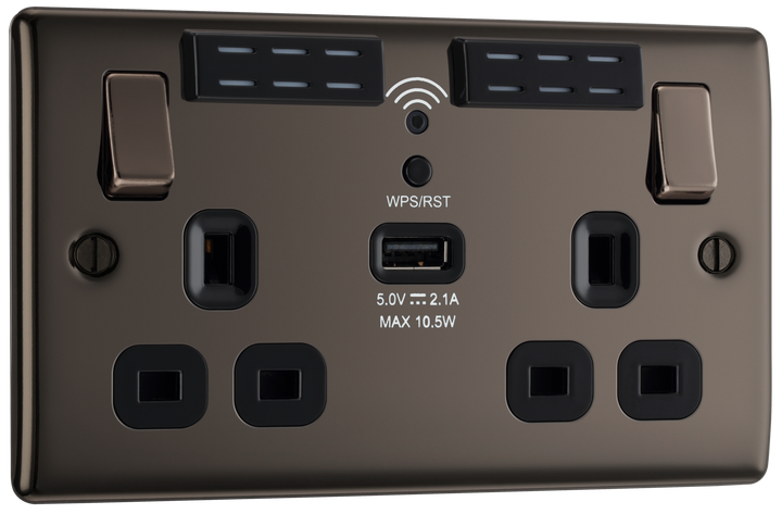 NBN22UWRB Front - This 13A double power socket with integrated Wi-Fi Extender from British General will eliminate dead spots and expand your Wi-Fi coverage.