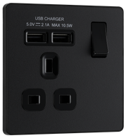 BG Evolve PCDMB21U2B Matt Black 1 Gang 13A 2.1A Socket-Black Insert by British General (BG-PCDMB21U2B-Shopify-SA_1)