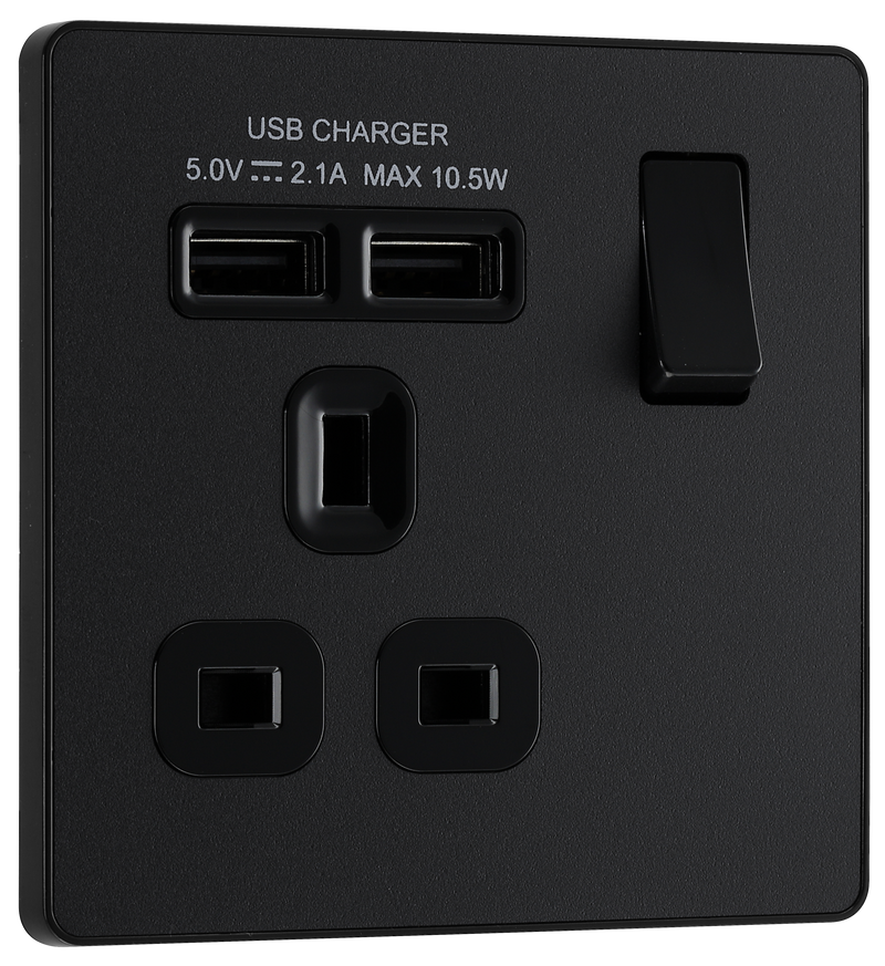 BG Evolve PCDMB21U2B Matt Black 1 Gang 13A 2.1A Socket-Black Insert