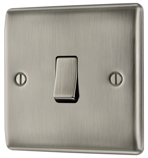 NBI13 Front - This brushed Iridium finish 20A 16AX intermediate light switch from British General should be used as the middle switch when you need to operate one light from 3 different locations such as either end of a hallway and at the top of the stairs.