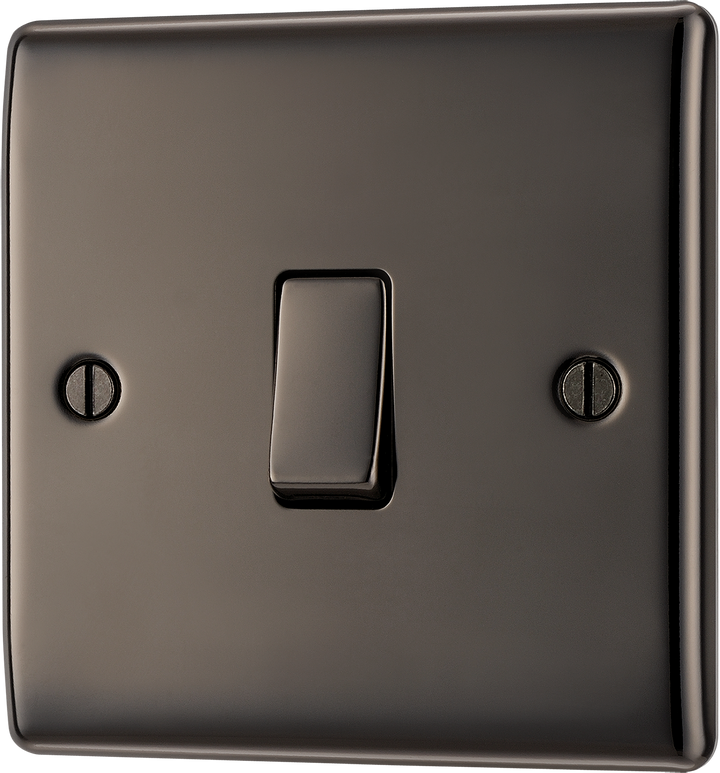 NBN13 Front - This black nickel finish 20A 16AX intermediate light switch from British General should be used as the middle switch when you need to operate one light from 3 different locations such as either end of a hallway and at the top of the stairs.