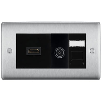 BG Nexus Brushed Steel Media Wall Plate TV Aerial, HDMI & CAT6 Outlet - Black Insert by British General