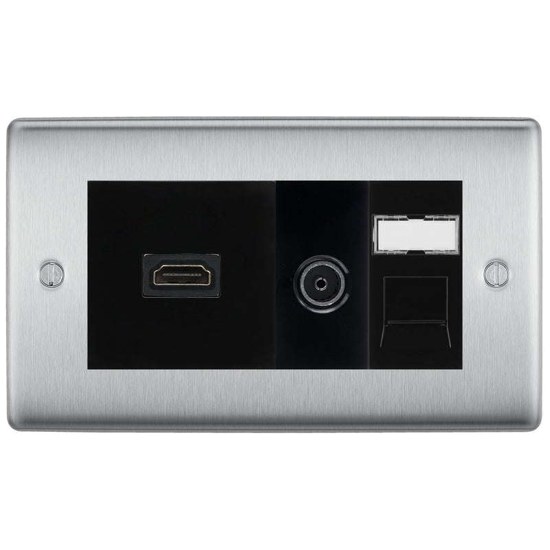 BG Nexus Brushed Steel Media Wall Plate TV Aerial, HDMI & CAT6 Outlet - Black Insert