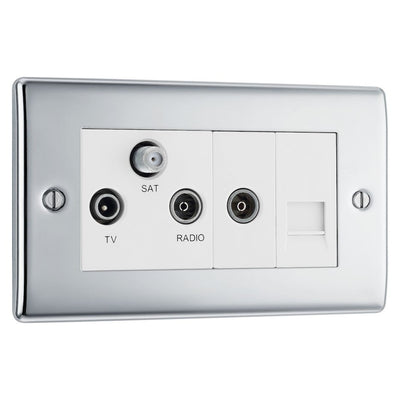 BG Nexus Polished Chrome Triplex TV/FM/Sat Socket + Return & Tel. NPC68 with 35mm Steel Back Box