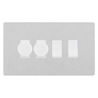 BG Evolve Brushed Steel 4 Gang Light Switch Grid – 2x Trailing-Edge LED Dimmer, 1x Intermediate, 1x 2-Way Switch by British General (BG-Evolve-BS-4G-2x-Dimmer-1x-INT-1x-2Way)