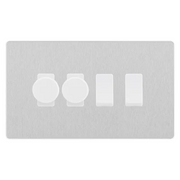 BG Evolve Brushed Steel 4 Gang Light Switch Grid – 2x Trailing-Edge LED Dimmer, 1x Intermediate, 1x 2-Way Switch by British General (BG-Evolve-BS-4G-2x-Dimmer-1x-INT-1x-2Way)