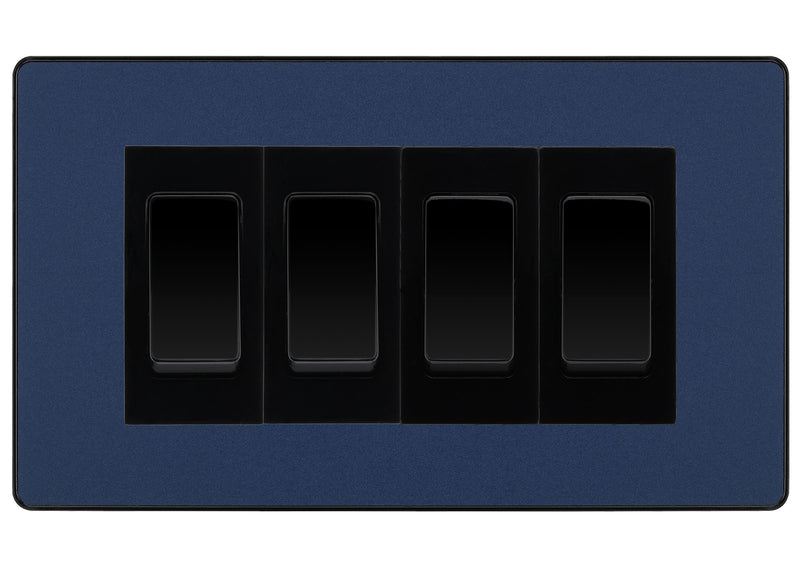 BG Evolve Matt Blue 4-Gang Light Switch 3x 2-Way + 1x Intermediate – Black Inserts