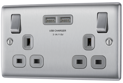 BG NBS22U3G Nexus Metal Brushed Steel 2 Gang 13A 2x USB-A 3.1A Switched Socket - Grey Insert
