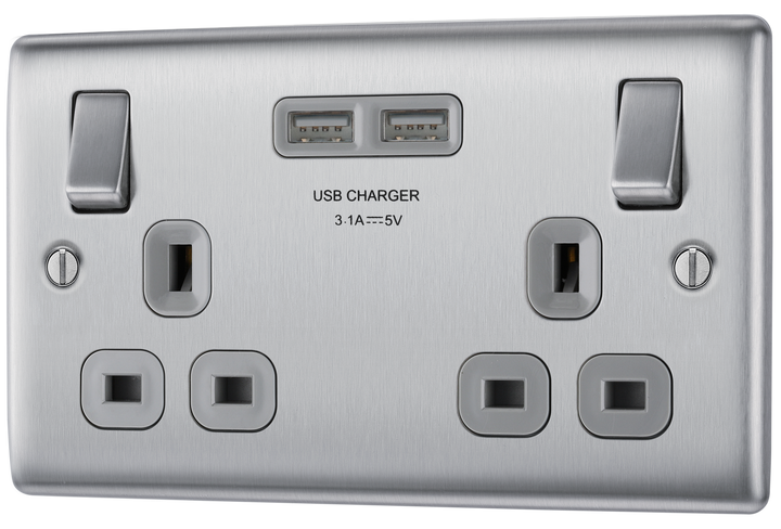 NBS22U3G Front - This 13A double power socket from British General comes with two USB charging ports, allowing you to plug in an electrical device and charge mobile devices simultaneously without having to sacrifice a power socket.