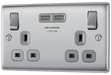 NBS22U3G Front - This 13A double power socket from British General comes with two USB charging ports, allowing you to plug in an electrical device and charge mobile devices simultaneously without having to sacrifice a power socket.