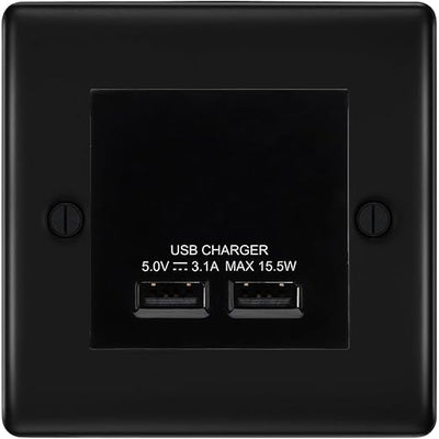 BG Nexus Metal Matt Black Dual USB Charger 3.1A Output Socket - Black Insert by British General (BG-NFBEMS2+EMUSB3B)