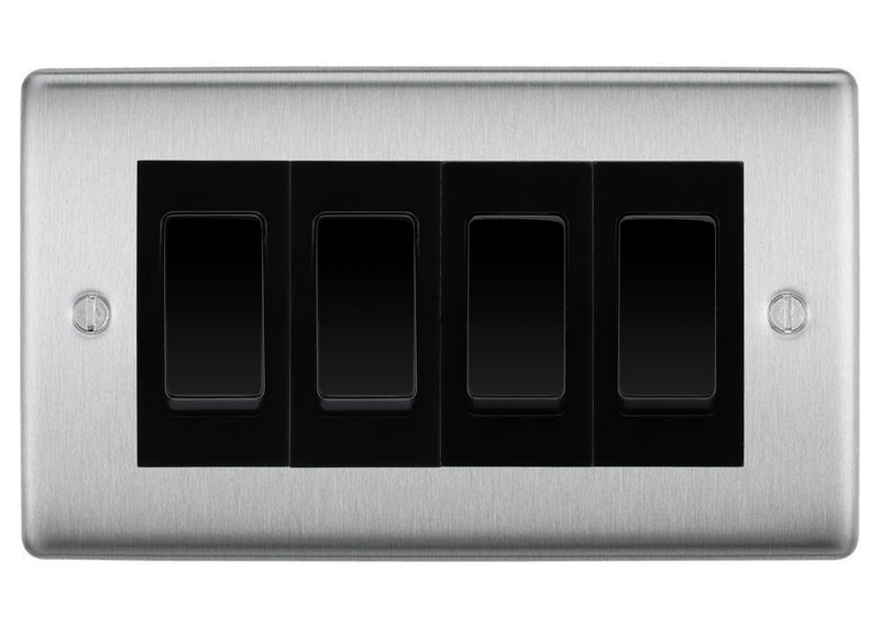 BG Nexus Brushed Steel 4 Gang Intermediate Light Switch Custom Grid - Black Insert