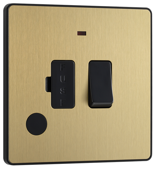 PCDSB52B Front - This Evolve Satin Brass 13A fused and switched connection unit from British General with power indicator provides an outlet from the mains containing the fuse, ideal for spur circuits and hardwired appliances. This FCU has a low profile screwless flat plate that clips on and off, making it ideal for modern interiors.