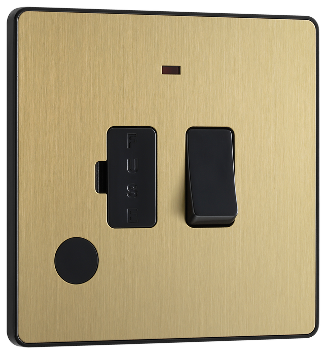 PCDSB52B Front - This Evolve Satin Brass 13A fused and switched connection unit from British General with power indicator provides an outlet from the mains containing the fuse, ideal for spur circuits and hardwired appliances. This FCU has a low profile screwless flat plate that clips on and off, making it ideal for modern interiors.