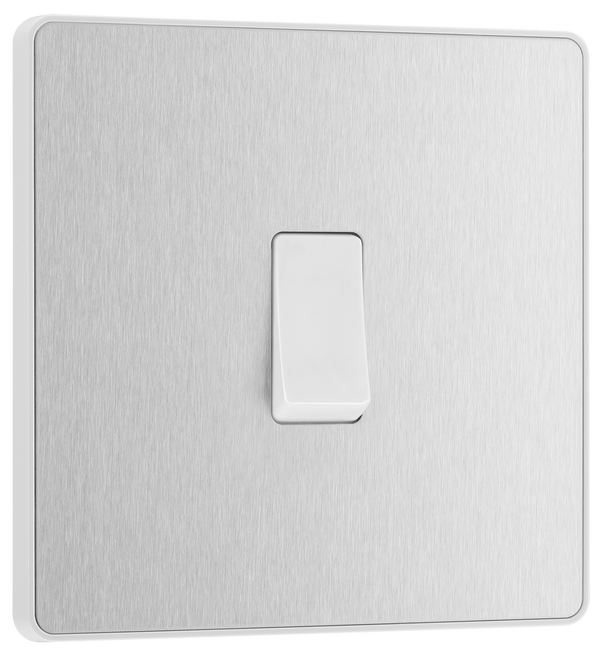 PCDBS13W Front - This Evolve Brushed Steel 20A 16AX intermediate light switch from British General should be used as the middle switch when you need to operate one light from 3 different locations, such as either end of a hallway and at the top of the stairs.