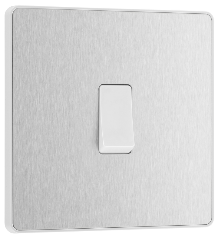 PCDBS13W Front - This Evolve Brushed Steel 20A 16AX intermediate light switch from British General should be used as the middle switch when you need to operate one light from 3 different locations, such as either end of a hallway and at the top of the stairs.