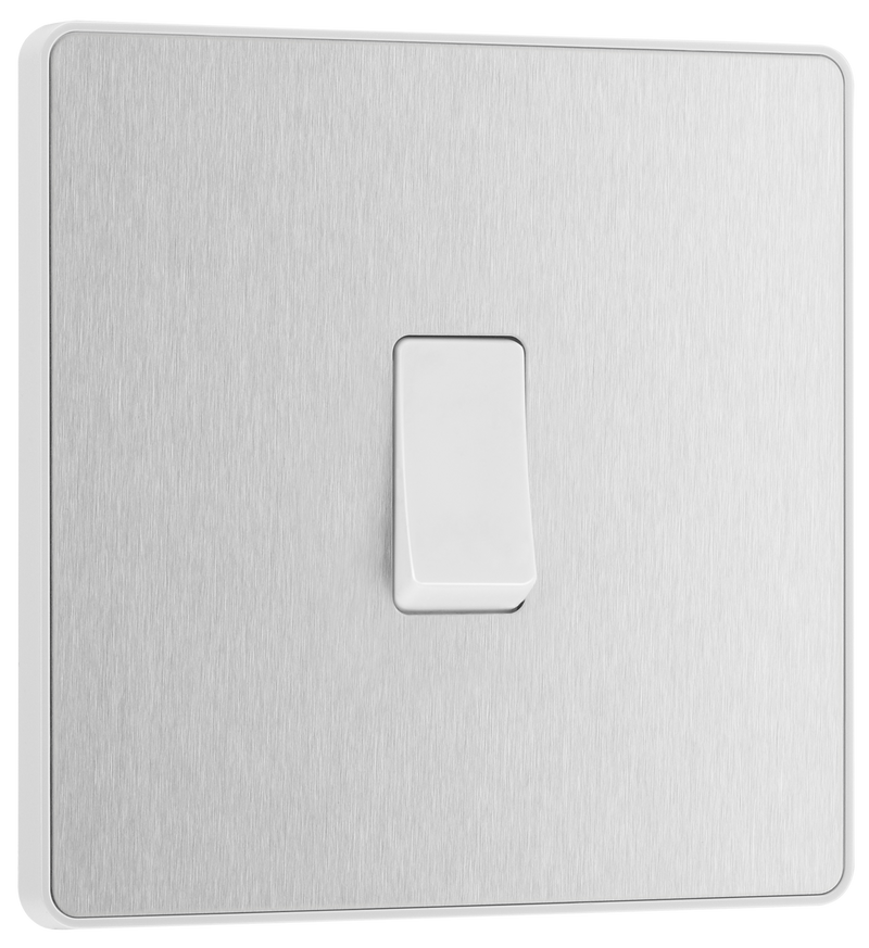 BG PCDBS13W Brushed Steel Evolve 1 Gang 20A 16AX Intermediate Light Switch - White Insert