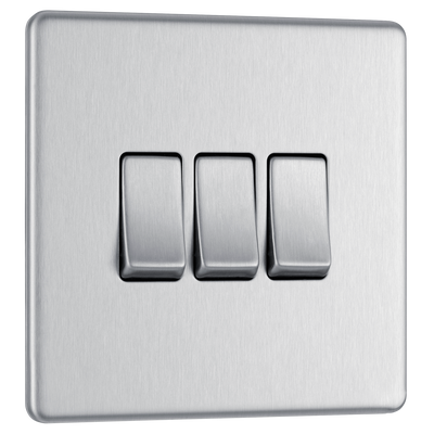 Newlec British General FBS43 Nexus Flatplate Screwless Brushed Steel 3 Gang 20A 16AX 2 Way Light Switch