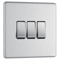 Newlec British General FBS43 Nexus Flatplate Screwless Brushed Steel 3 Gang 20A 16AX 2 Way Light Switch