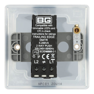 BG Nexus Polished Chrome 1 Gang 200W 2 Way Trailing Edge Push Type Dimmer Switch NPC81 with 35mm Steel Back Box
