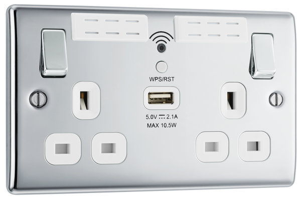 NPC22UWRW Front - This 13A double power socket with integrated Wi-Fi Extender from British General will eliminate dead spots and expand your Wi-Fi coverage.