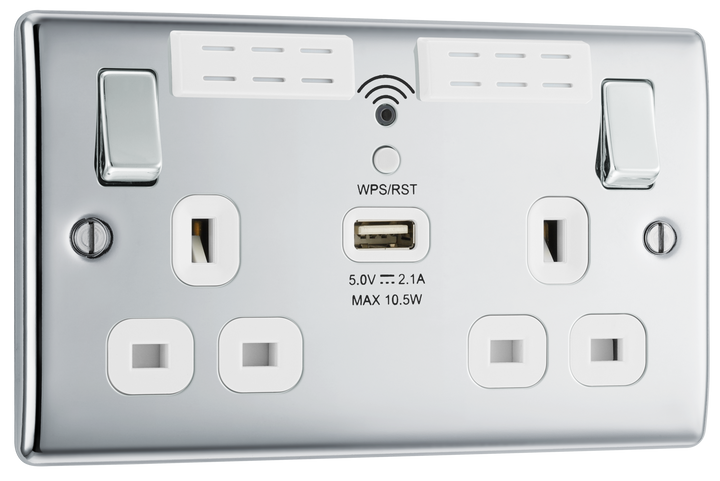 NPC22UWRW Front - This 13A double power socket with integrated Wi-Fi Extender from British General will eliminate dead spots and expand your Wi-Fi coverage.