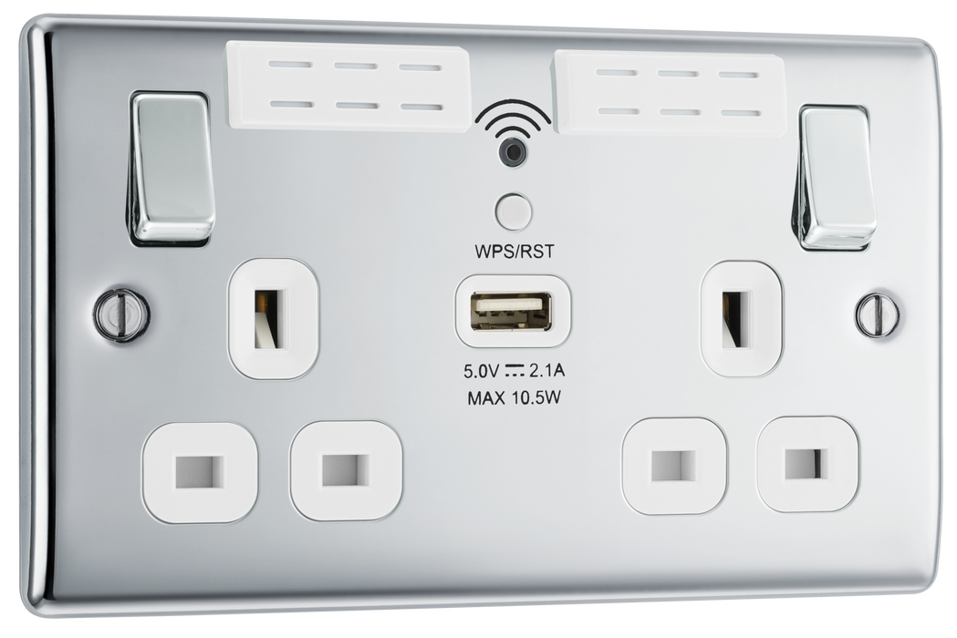 NPC22UWRW Front - This 13A double power socket with integrated Wi-Fi Extender from British General will eliminate dead spots and expand your Wi-Fi coverage.