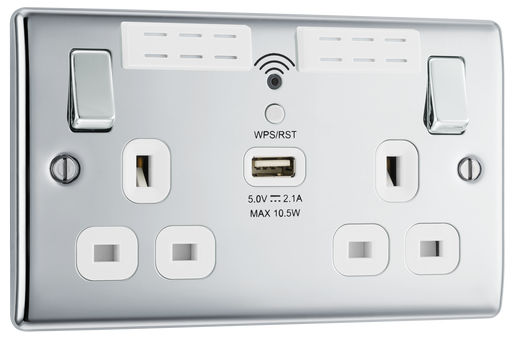 NPC22UWRW Front - This 13A double power socket with integrated Wi-Fi Extender from British General will eliminate dead spots and expand your Wi-Fi coverage.