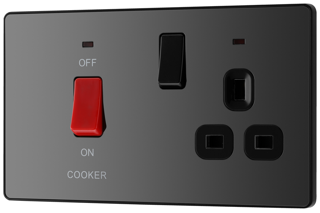 PCDBC70B Front - This Evolve Black Chrome 45A cooker control unit from British General includes a 13A socket for an additional appliance outlet, and has flush LED indicators above the socket and switch.