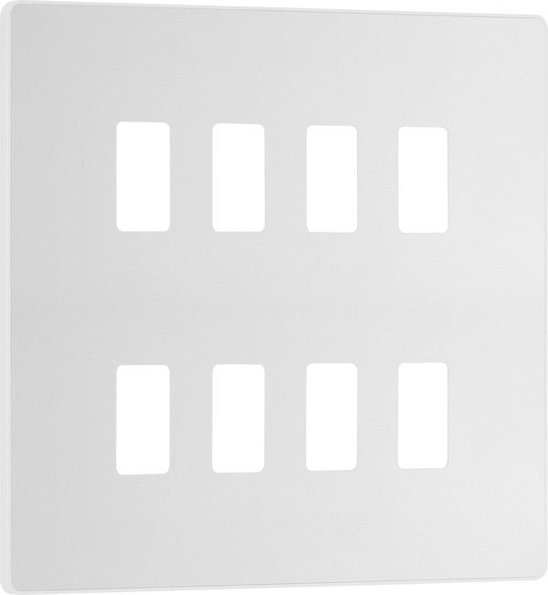 RPCDCL8W Front - The Grid modular range from British General allows you to build your own module configuration with a variety of combinations and finishes. This pearlescent white finish Evolve front plate clips on for a seamless finish, and can accommodate 8 Grid modules - ideal for commercial applications.