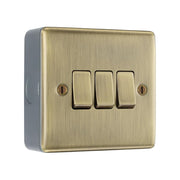 Antique Brass 3 Gang Triple Light Switch & Surface Pattress Back Box by British General (BG-NAB43+MC501)