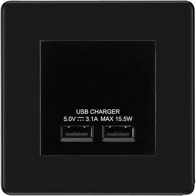 BG Screwless Matt Black Dual USB Charger 3.1A Output Socket - Black Insert by British General (BG-FFBEMS2+EMUSB3B)
