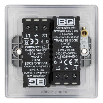 BG Nexus Brushed Steel 200W 2 Way Trailing Edge Double Dimmer Switch NBS82 with 25mm Steel Back Box