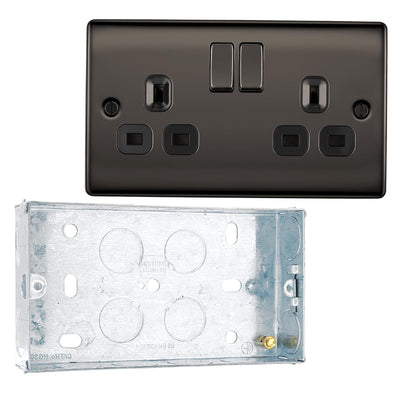 BG Nexus Black Nickel 13A 2 Gang Switched Double Socket NBN22B and 25mm Steel Back Box by British General (BG-NBN22B+HGS04)