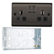 BG Nexus Black Nickel 13A 2 Gang Switched Double Socket NBN22B and 25mm Steel Back Box by British General (BG-NBN22B+HGS04)