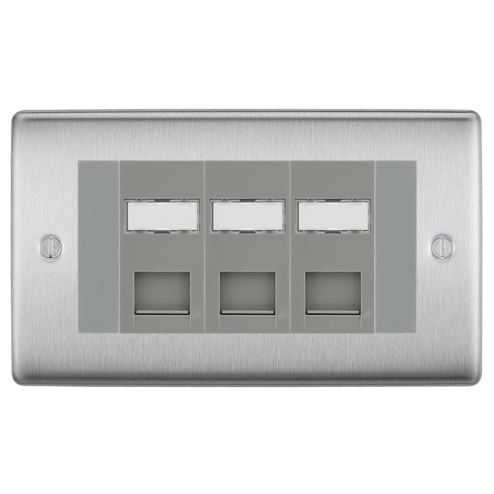 BG Nexus Brushed Steel 3 Gang RJ45 CAT6 Data Socket Grey