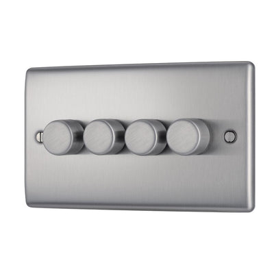 BG Nexus Brushed Steel 200W 2-Way 4 Gang Trailing Edge Push Dimmer & Surface Pattress Back Box