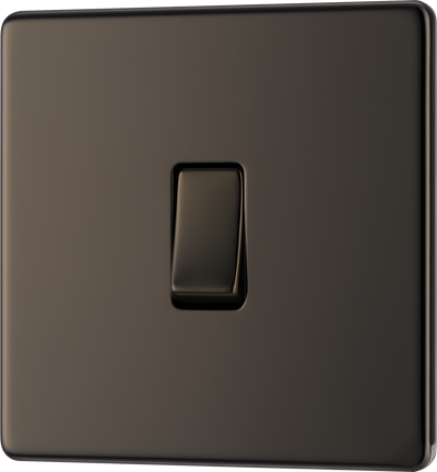 FBN13 Front - This Screwless Flat plate black nickel finish 20A 16AX intermediate light switch from British General should be used as the middle switch when you need to operate one light from 3 different locations such as either end of a hallway and at the top of the stairs.