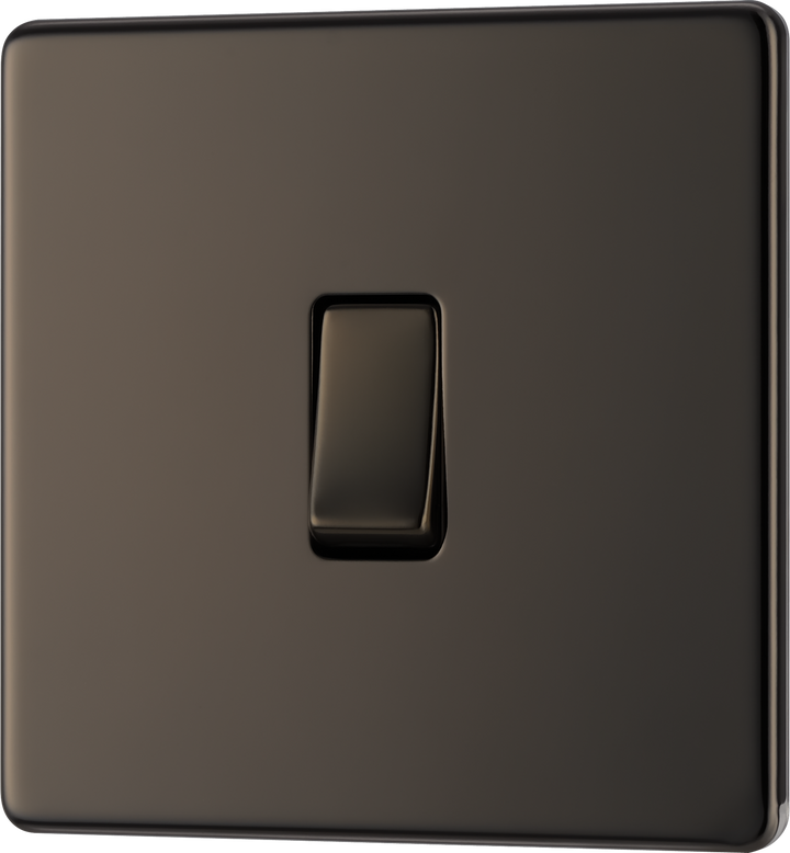 FBN13 Front - This Screwless Flat plate black nickel finish 20A 16AX intermediate light switch from British General should be used as the middle switch when you need to operate one light from 3 different locations such as either end of a hallway and at the top of the stairs.