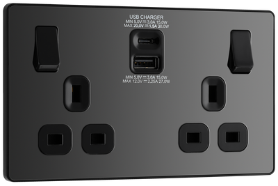 BG PCDBC22UAC30B Black Chrome Evolve 2 Gang 13A 1x USB-QC A 27W 1x USB-PD C 30W Switched Socket - Black Insert
