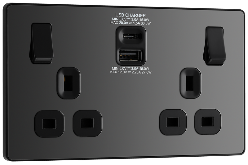 BG PCDBC22UAC30B Black Chrome Evolve 2 Gang 13A 1x USB-QC A 27W 1x USB-PD C 30W Switched Socket - Black Insert