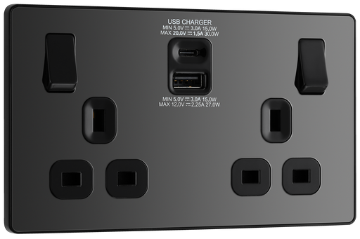 PCDBC22UAC30B Front - This Evolve Black Chrome 13A power socket from British General with integrated fast charge USB-A and USB-C ports delivers a 50% charge to mobile phones in just 30 minutes.
