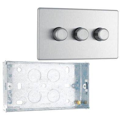 BG Screwless Brushed Steel 200W 2 Way Triple Trailing Edge Dimmer Switch FBS83 with 25mm Steel Back Box by British General (BG-FBS83+HGS04)