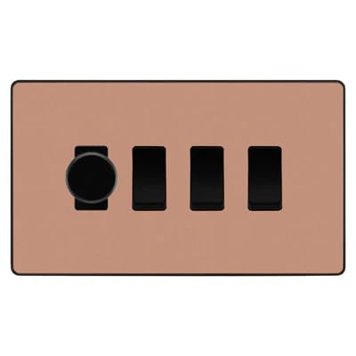 BG Evolve Polished Copper 4 Gang Switch 1x Trailing Edge LED Dimmer 3x Intermediate Custom Grid Switch by British General (BG-Evolve-CP-4G-CUSTOM-1x-Dimmer-3x-INT)