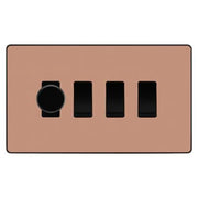BG Evolve Polished Copper 4 Gang Switch 1x Trailing Edge LED Dimmer 3x Intermediate Custom Grid Switch by British General (BG-Evolve-CP-4G-CUSTOM-1x-Dimmer-3x-INT)